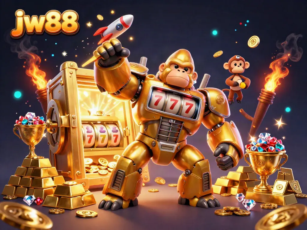 Experience exciting gaming adventures with jw88's golden gorilla mech against a rich, vibrant casino backdrop.