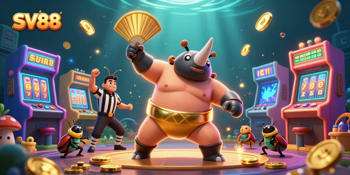 SV88 sumo beetle champion stomps among flying coins and colorful gaming elements in vibrant casino scene
