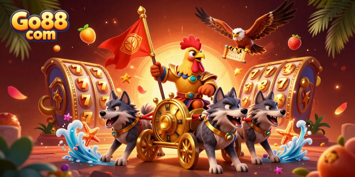 Spin the reels with Go88 com in this vibrant 3D casino illustration featuring dynamic game elements.