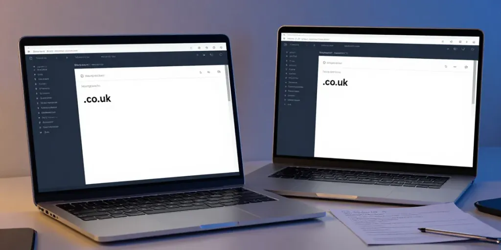 Register .co.uk domain in a professional tech workspace with dual monitors and sleek devices.