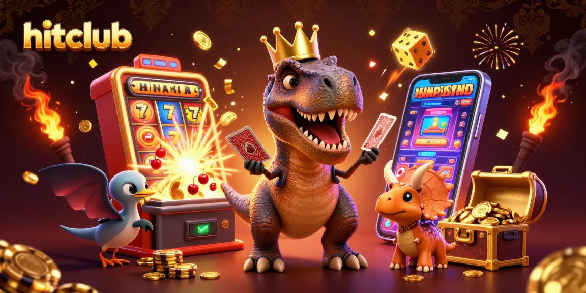 Hitclub brings excitement with a friendly T-Rex playing cards in a lively casino scene.