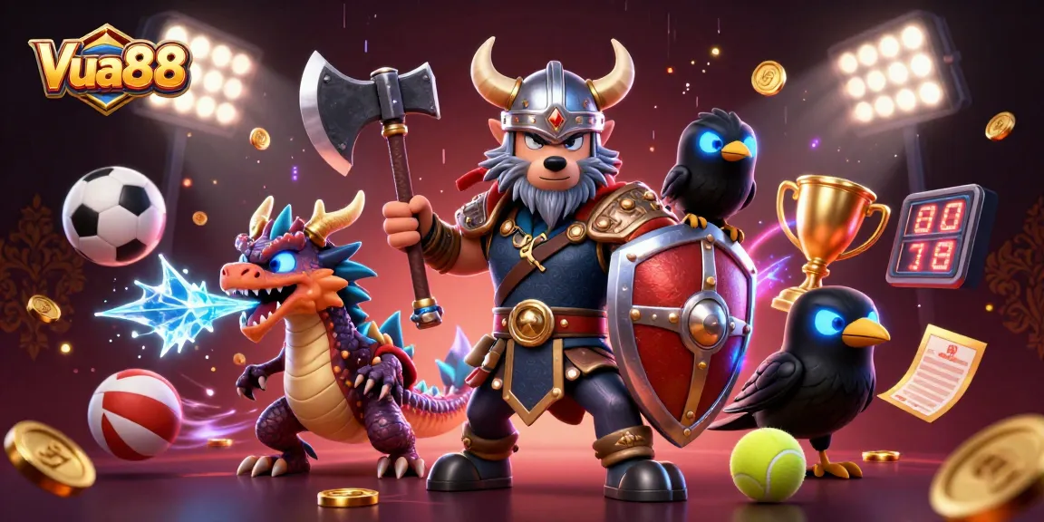 Engage with thrilling bets at Vua88 featuring a Viking warrior, ice dragon, and dynamic sports elements.
