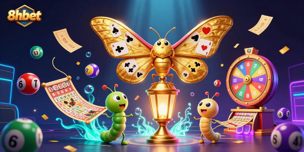 Experience vibrant gameplay with 8xbet, featuring colorful lottery balls, spinning prizes, and a majestic moth.