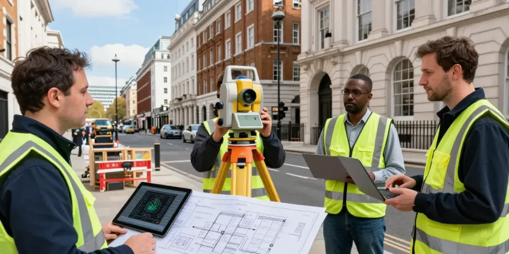 Land Surveyors London team using advanced equipment in a vibrant urban setting.
