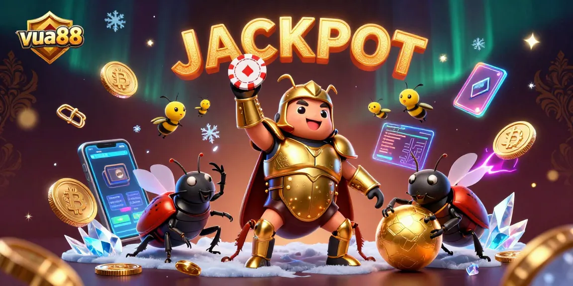 Win big with vua88: 3D hercules beetle championing a poker chip amid rich casino elements.