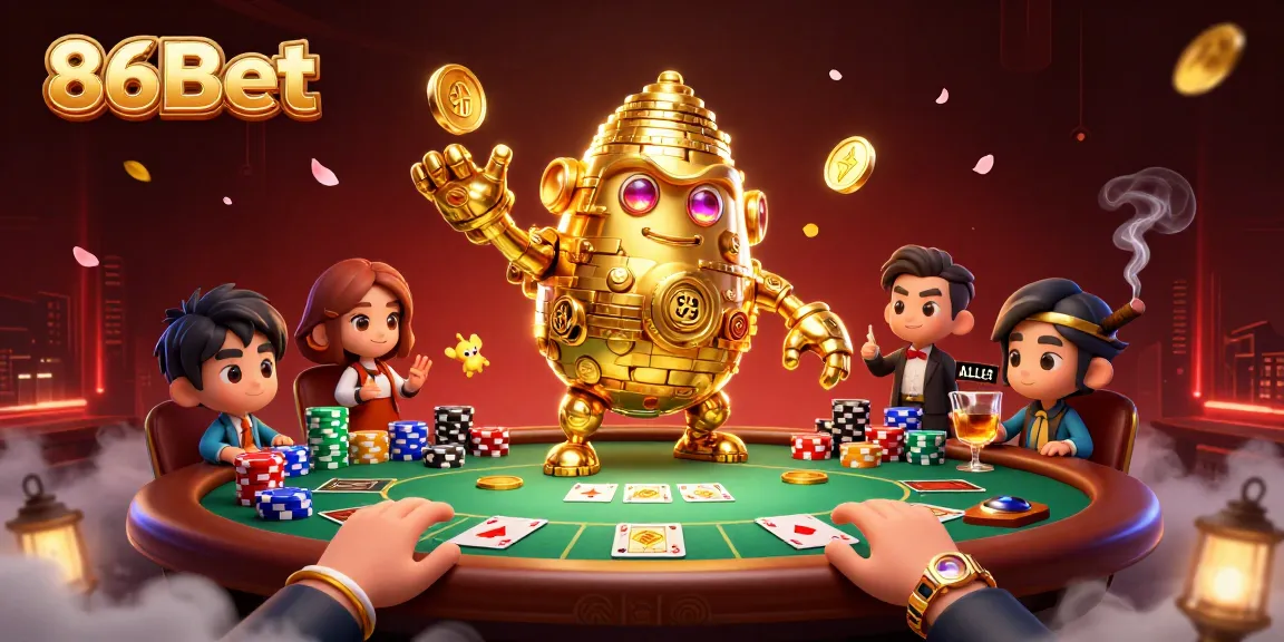 Engage with thrilling poker action at 86Bet, featuring a rich scene of characters and casino elements.