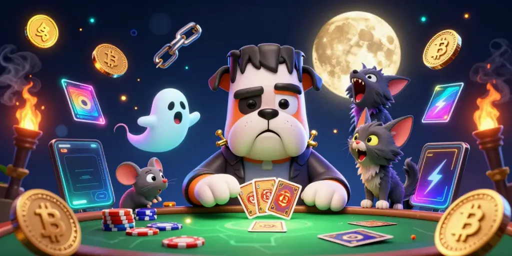 Experience thrilling card games with s8 as a Frankenstein bulldog monster entertains at a spooky casino table.