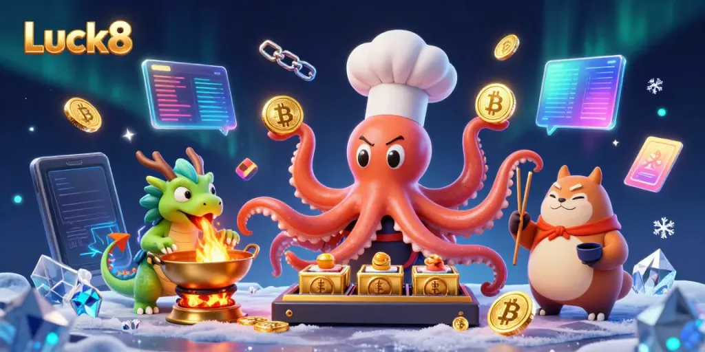 Experience exciting jackpots at Luck8 with vibrant gaming characters and crypto elements in a dynamic casino setting.