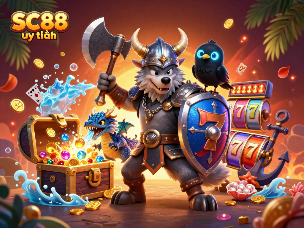 Engage with SC88 uy tín through a vibrant 3D casino illustration full of slot excitement and treasure.
