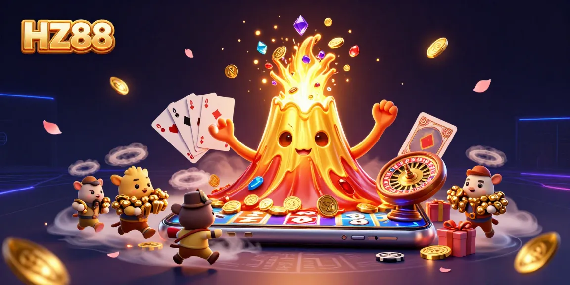 Spin with HZ88 at the vibrant casino scene featuring coins, treasures, and dynamic gaming elements.