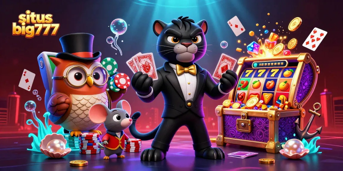 Situs big777 showcases an energetic scene with a panther and owl amid colorful slot game elements and poker action.