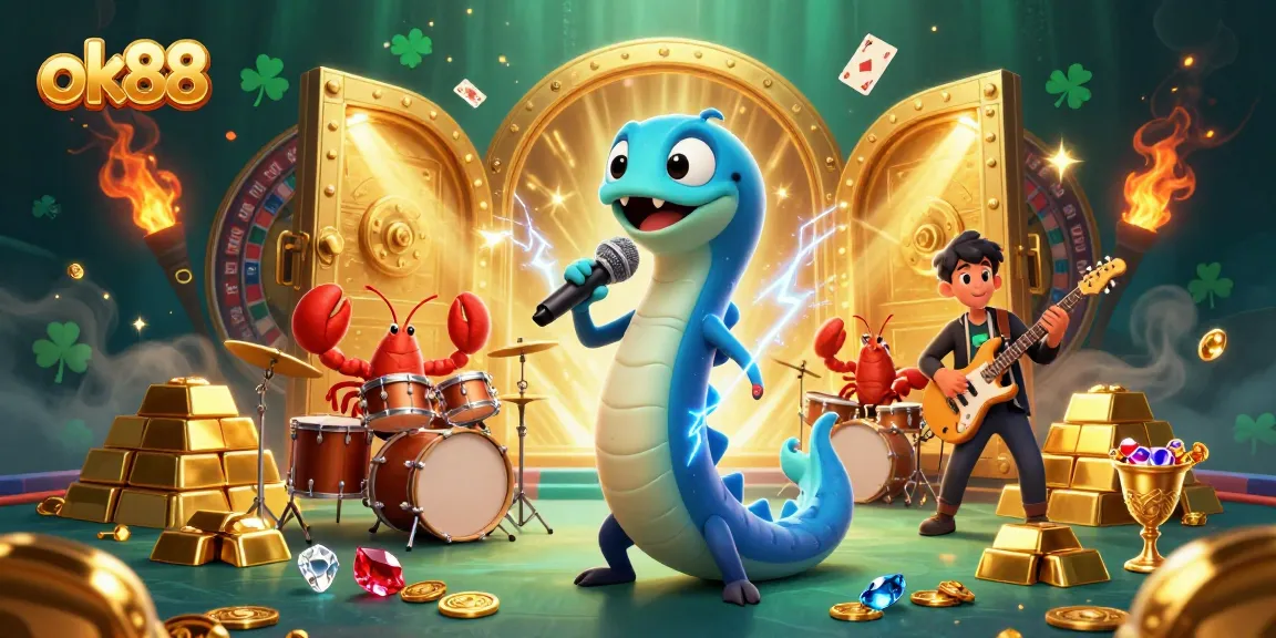 ok88 illuminates thrilling gameplay with a DJ electric eel and casino elements dazzling in this vibrant scene.