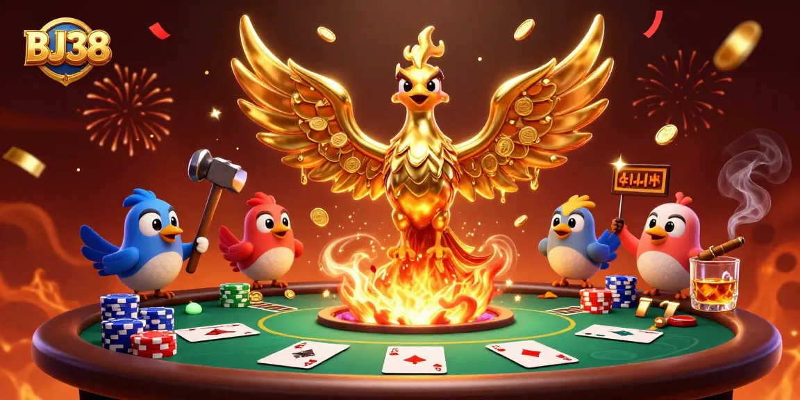 BJ38 features a golden phoenix emerging from a forge, surrounded by poker elements in an engaging casino scene.