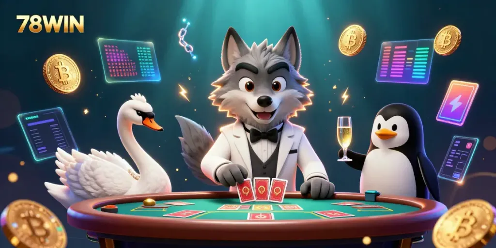 Experience thrilling gameplay at 78WIN with vibrant 3D casino characters and digital elements.