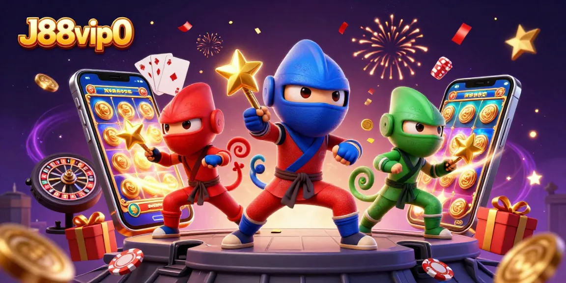 Engage in thrilling gameplay with J88vip0's ninja chameleons amidst colorful slot machines.