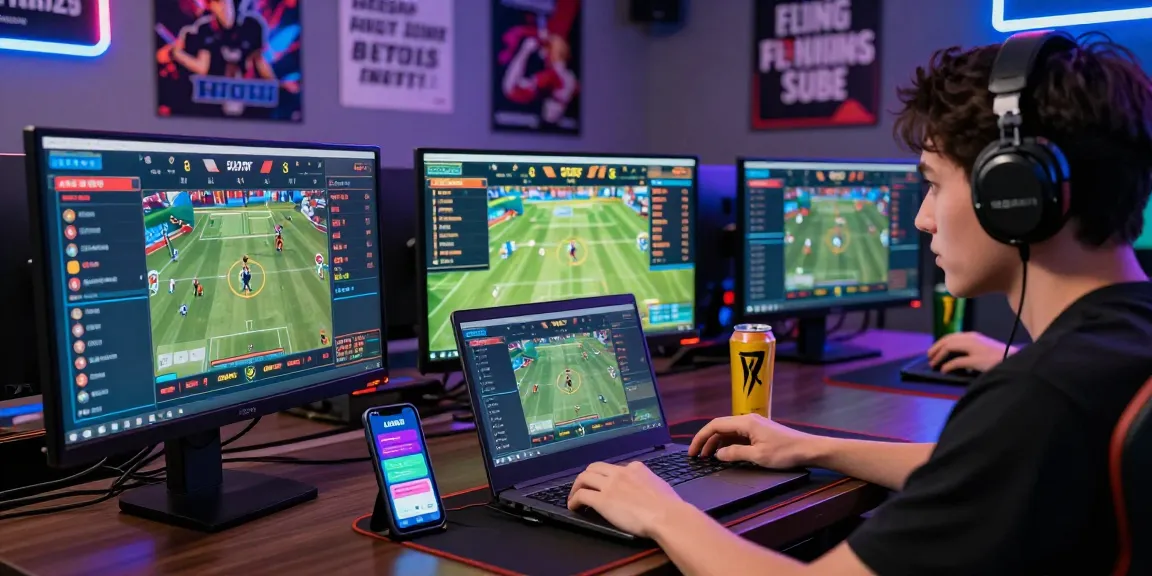 LUCK8 online betting environment with player focused on live sports events, illuminated gaming space.