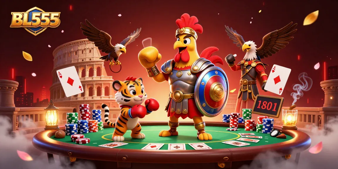 Experience thrilling gameplay with BL555 as a 3D gladiator rooster and vibrant financial action.