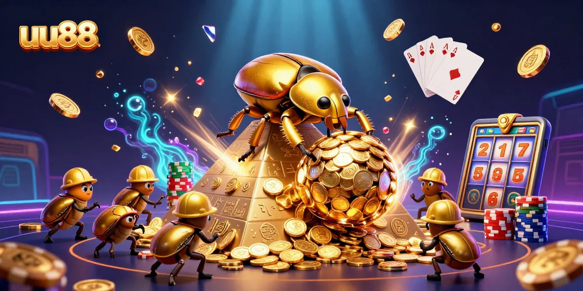 Experience thrilling gameplay at uu88 with a vibrant scene of cartoon beetles rolling golden coins, slot machines, and casino symbols.