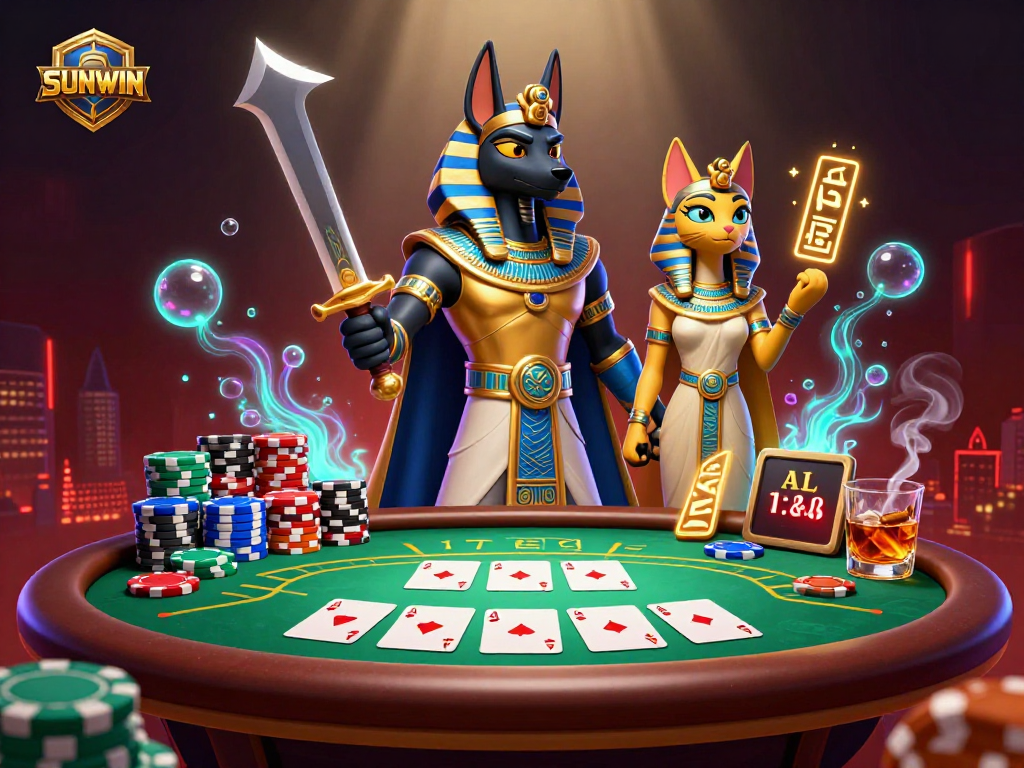 SUNWIN players enjoy gaming with Anubis and Bastet at a vibrant poker table surrounded by dynamic casino elements.
