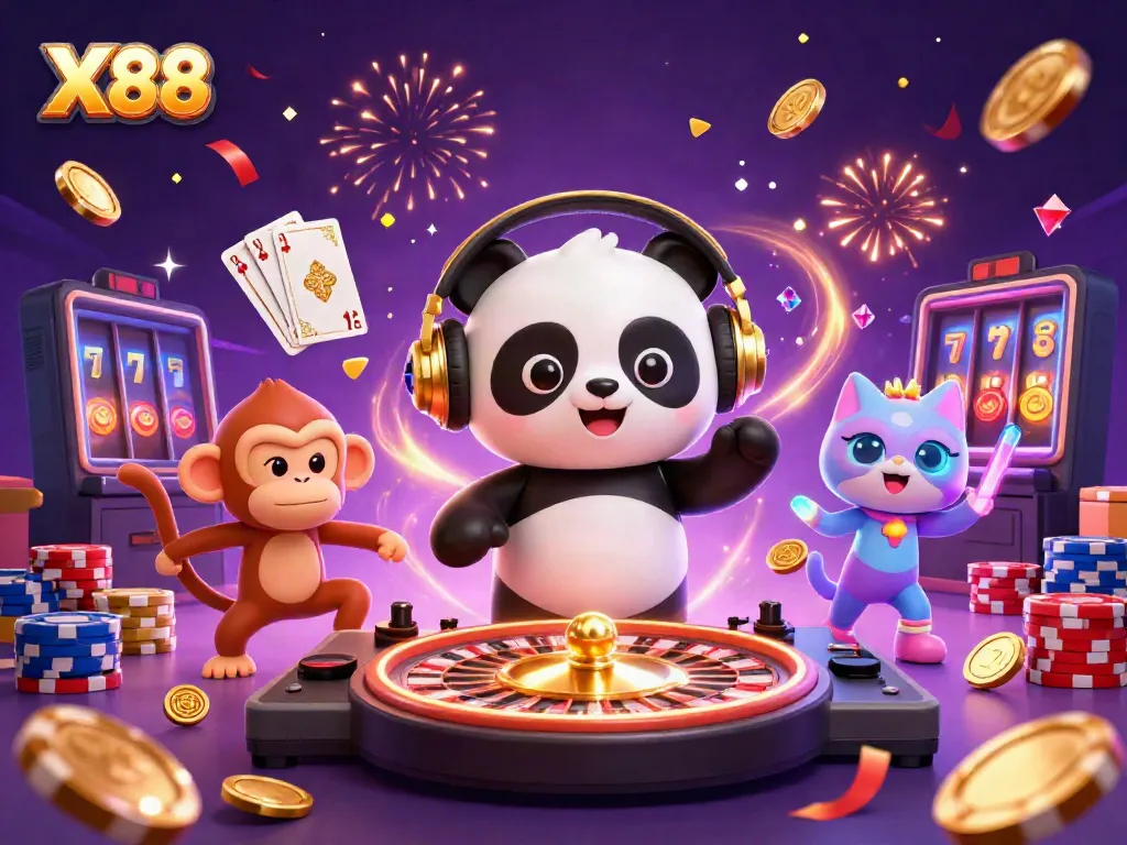 Experience the thrill of X88 with a vibrant casino scene featuring a DJ panda, breakdancing monkey, and rave kitten.