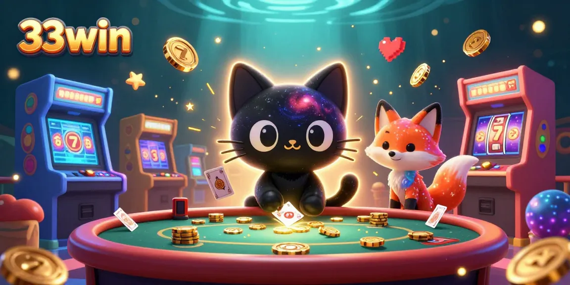 Engage the world of 33win with a cosmic casino scene featuring a black hole cat and an enchanting nebula fox.
