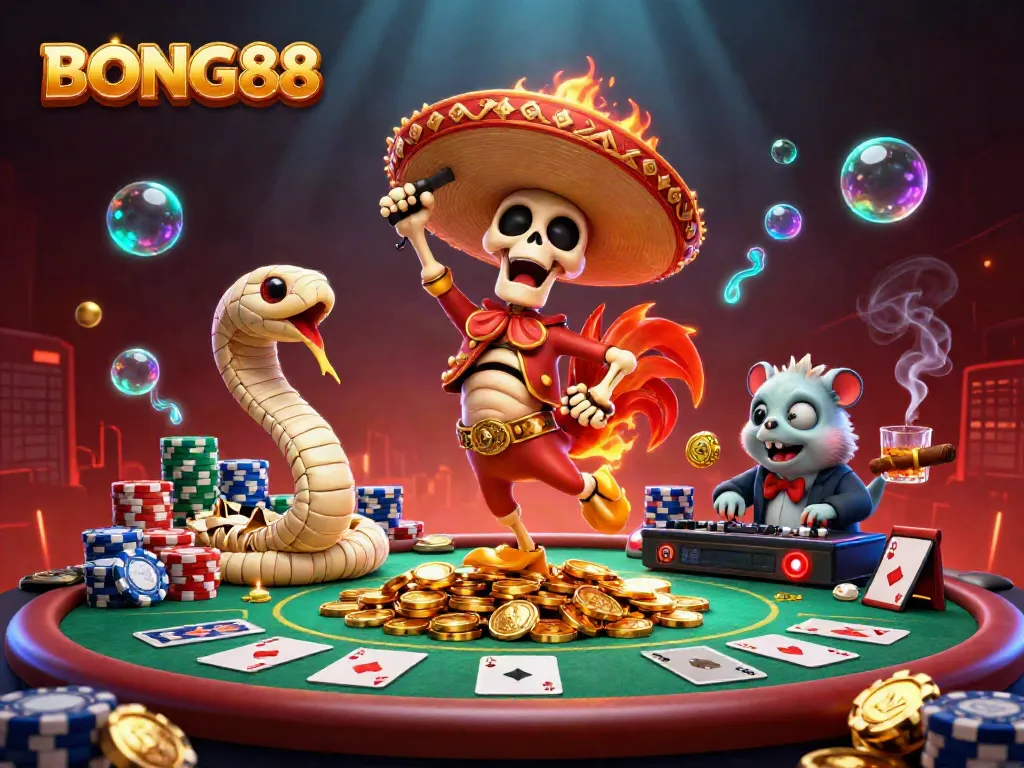 BONG88 showcases a festive scene with a mariachi rooster celebrating on golden coins, perfect for online gambling.