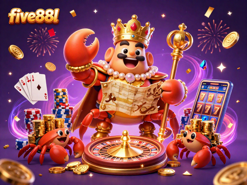 Experience the vibrant excitement of five88l with a golden crab emperor amongst cascading coins and colorful casino elements.