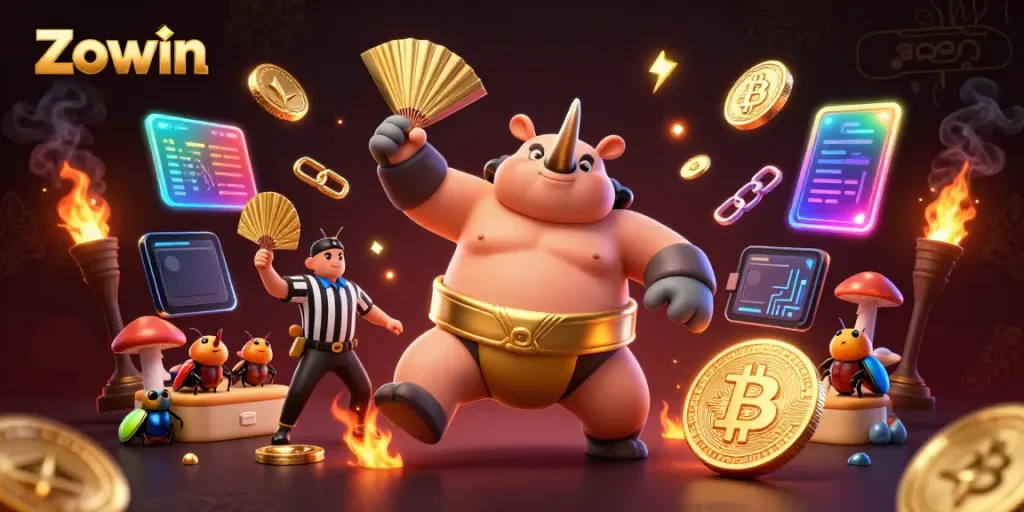 Zowin gaming event featuring a rhinoceros beetle sumo champion amidst flying coins and blockchain elements.