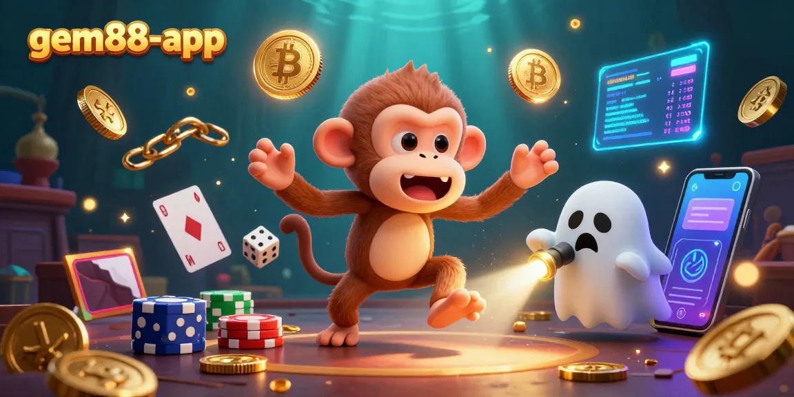 Experience thrilling fun with gem88-app's vibrant 3D casino illustration, featuring an entertaining poltergeist monkey.