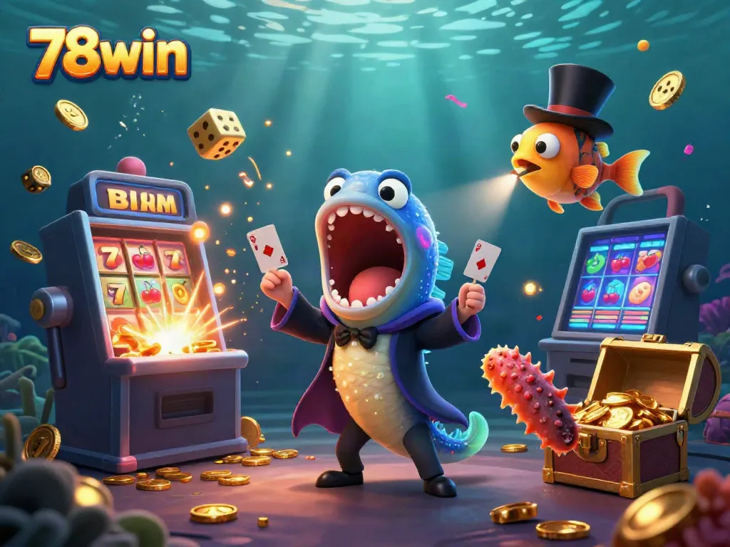 Experience thrilling card tricks with a bioluminescent eel at 78win's vibrant underwater casino scene.