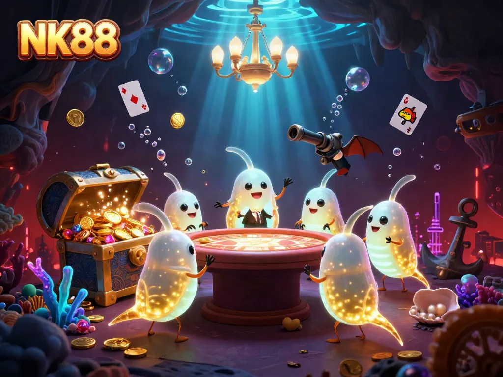 Experience the vibrant NK88 cave casino atmosphere with glowworms and bioluminescent decorations.