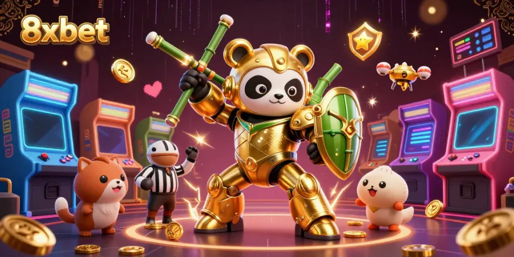 Experience exciting casino action with 8xbet's golden panda mech and interactive arcade elements.