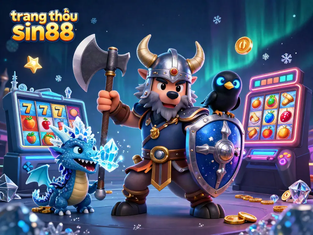 Engage with the exciting world of gambling at trang chủ sin88, featuring a Viking warrior, a fierce dragon, and a cartoon raven.