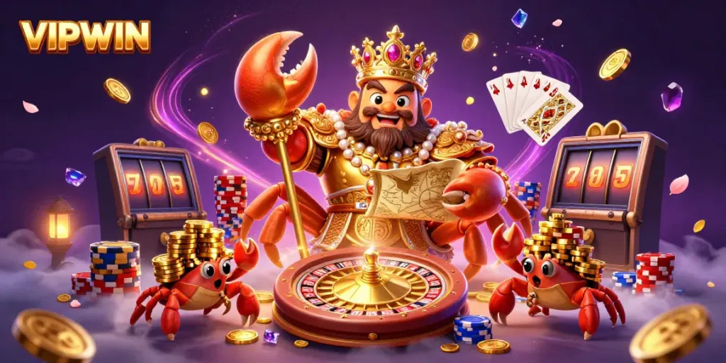 Engage with VIPWIN's golden crab emperor in a vibrant casino scene filled with dynamic gambling elements.