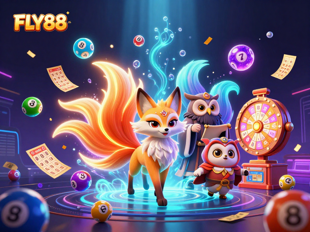 Engage with FLY88's vibrant universe, featuring the magical nine-tailed fox alongside a wise owl and lottery elements.