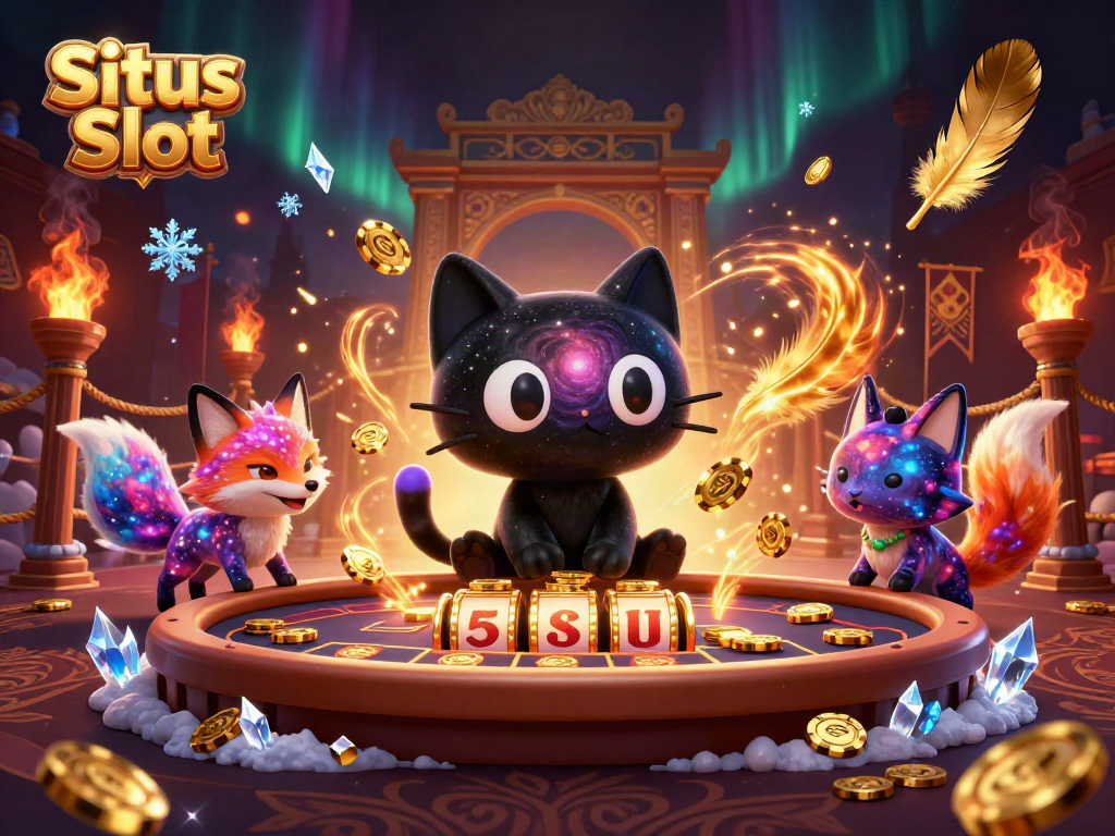 Situs Slot: An enchanting cosmic casino scene with a black hole cat and a nebula fox surrounded by slot reels and golden coins.