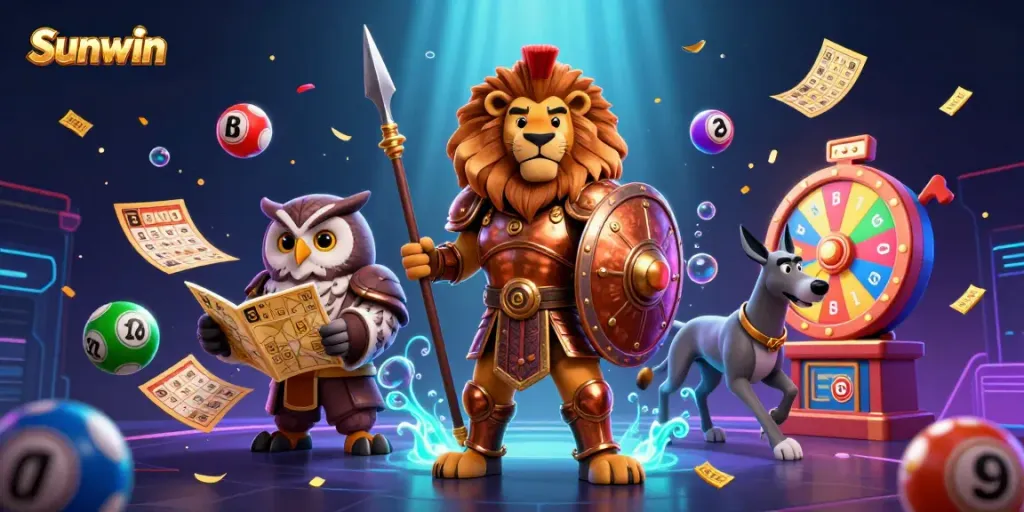 Spin to win at Sunwin with an exciting 3D casino illustration featuring vibrant games.