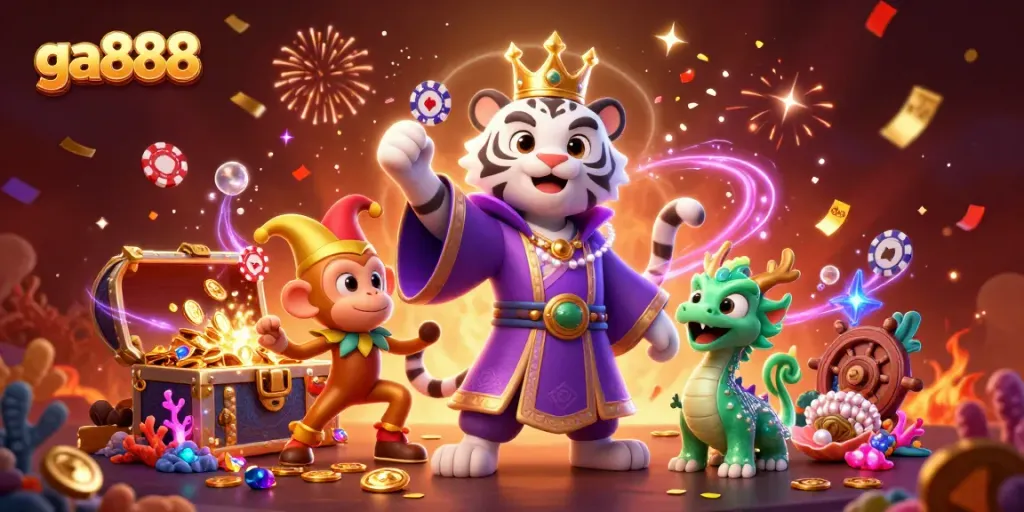 Experience thrilling wins with ga888 in a vibrant casino adventure featuring a white tiger and a golden monkey.