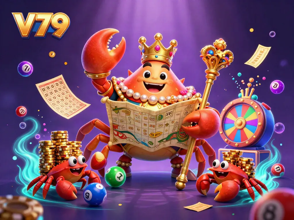 Play exciting games at V79 with the golden crab emperor amidst colorful lottery elements.