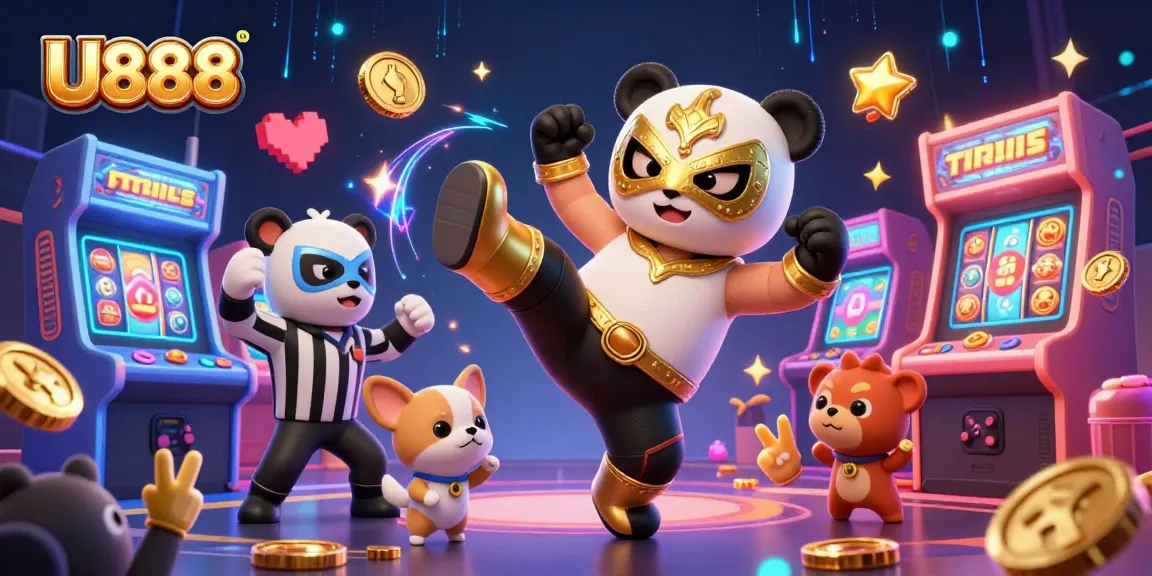 Engage with U888 as a panda wrestler kicks high amidst jackpot symbols and cheering crowd