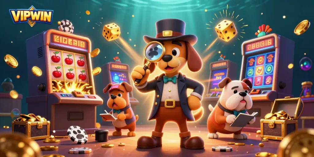Join the treasure hunt at VIPWIN with a detective and his canine partner among casino delights.