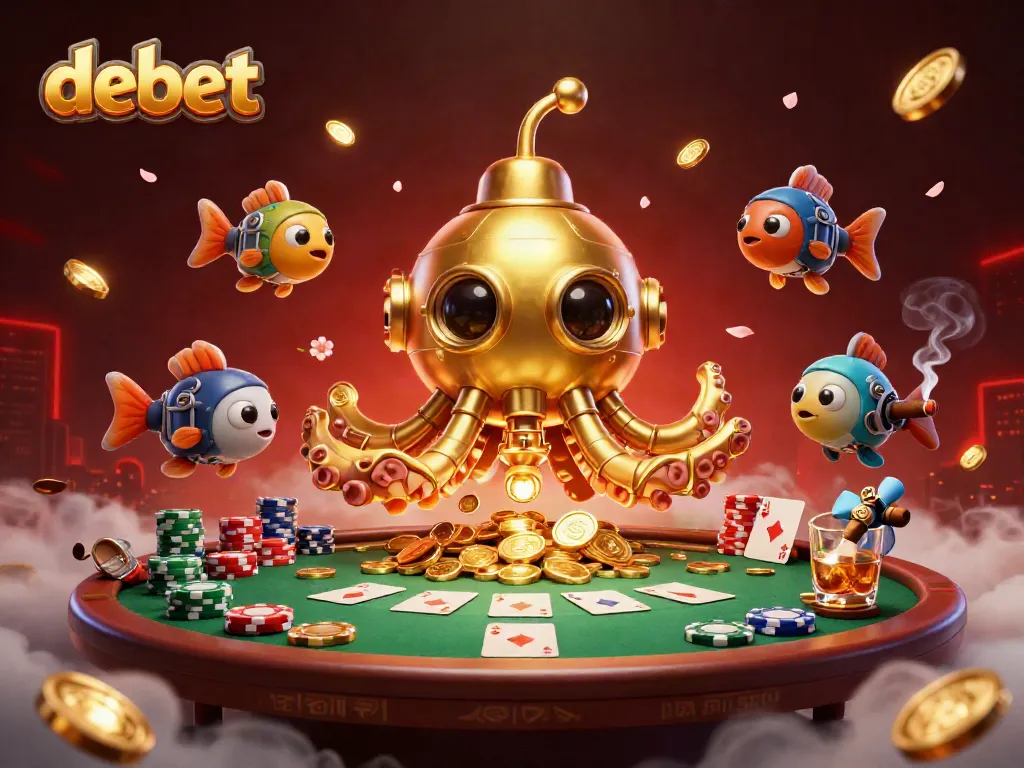 Experience high-stakes poker with debet at a vibrant 3D casino featuring a kraken and poker elements.
