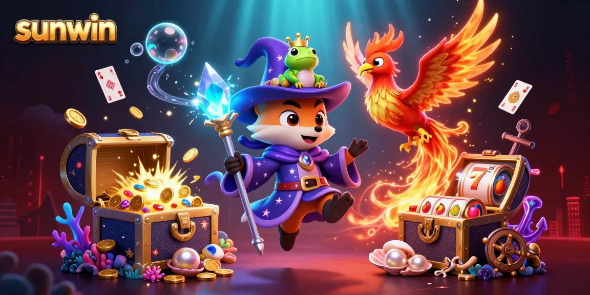 Experience sunwin's enchanting wizard fox and phoenix in a vibrant casino-themed underwater scene.