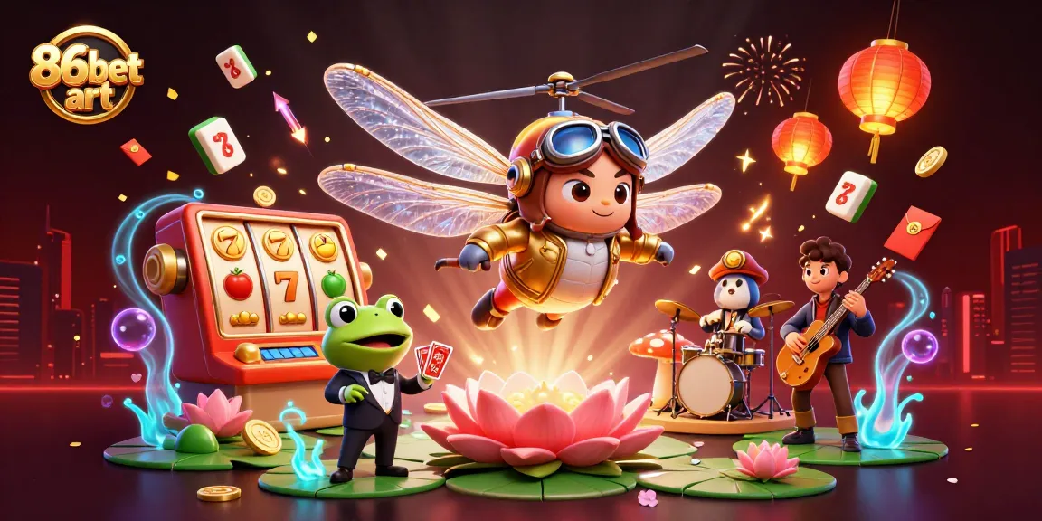 Engage in thrilling action at 86bet art with vibrant casino scenes showcasing a dragonfly pilot and frog dealer.
