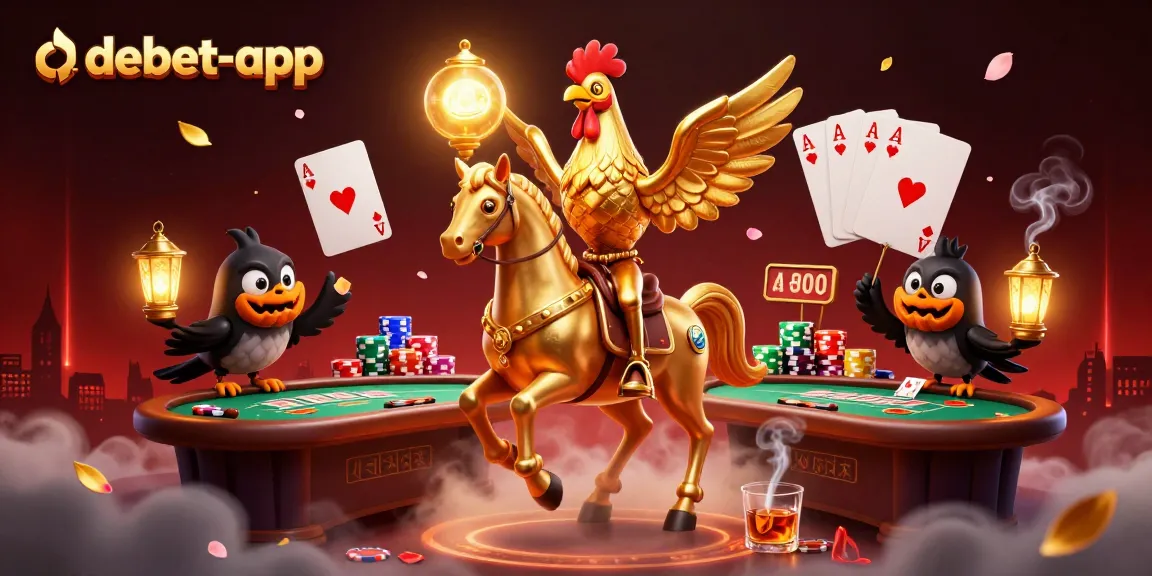 Engage with the lively debet-app scene featuring a golden rooster and casino elements.
