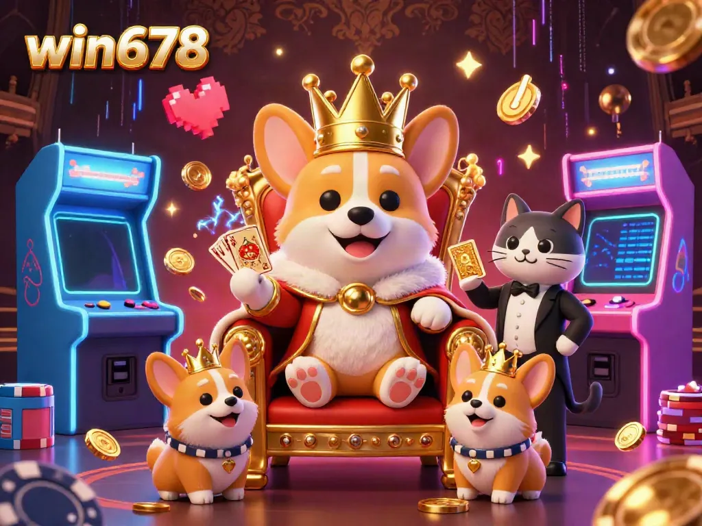 Engaging 3D illustration of win678 featuring royal corgi on poker chip throne with bright arcade elements.
