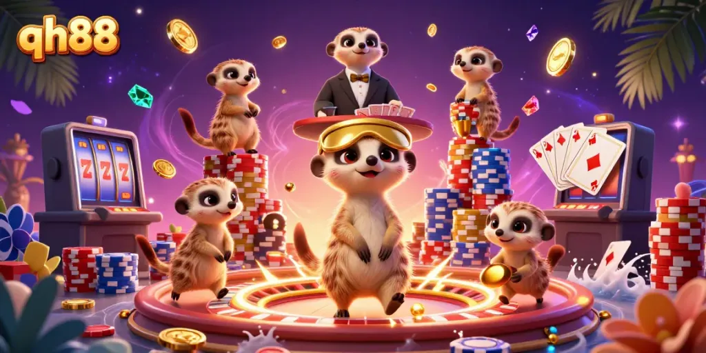 Experience thrilling gaming action at qh88 with meerkats running a vibrant casino.