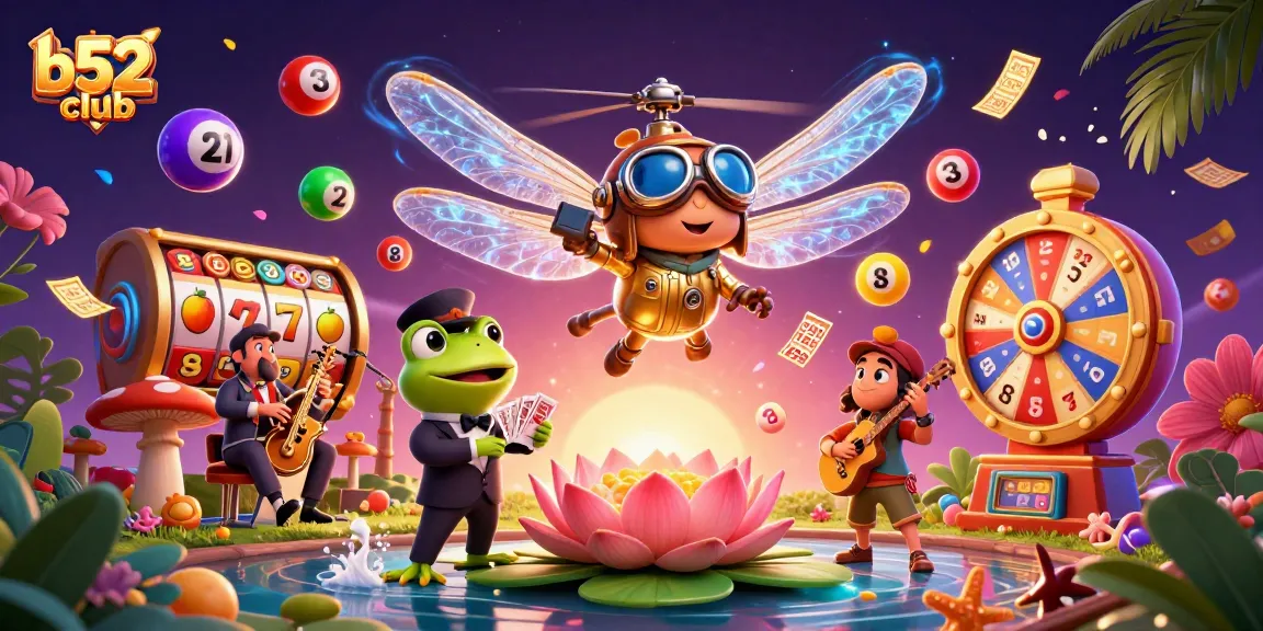 Experience thrilling gameplay at b52club, where a dragonfly pilot and frog croupier engage in dynamic casino action.
