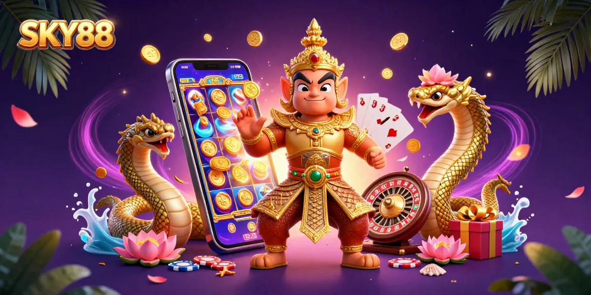 Engage with thrilling gameplay at SKY88 featuring a vibrant 3D illustration of friendly casino characters and dynamic gaming elements.