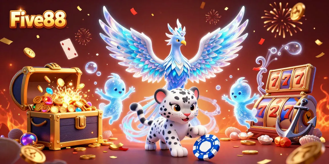Experience exhilarating gameplay with Five88's vibrant casino features and captivating characters in this 3D illustration.